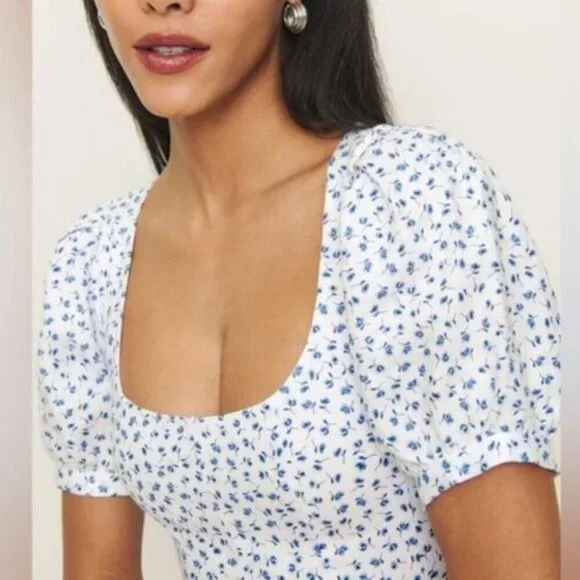 NEW Reformation Coucou Midi Linen Dress Hanna White Blue Floral | US 4 UK 8 - Picture 5 of 15